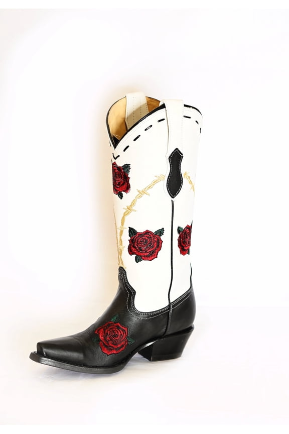 Women's Leather Barbwire Rose Mid-Calf Boots
