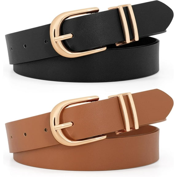 Women's Leather Belt for Jeans Pants Plus Size Faux Leather Fashion Ladies Belts for Dresses with Gold Buckle
