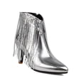 thumbnail image 1 of Women's Leather Block High Heels Western Pointed Booties Gold Silver Tassels Sequins Decorated Fashionable Boots with Side Zipper, 1 of 6