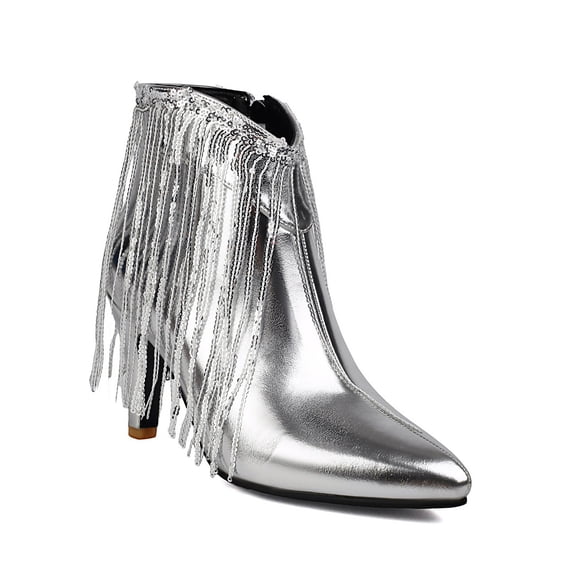 Women's Leather Block High Heels Western Pointed Booties Gold Silver Tassels Sequins Decorated Fashionable Boots with Side Zipper