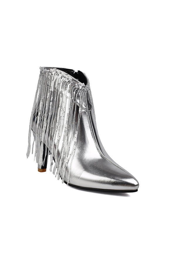 Women's Leather Block High Heels Western Pointed Booties Gold Silver Tassels Sequins Decorated Fashionable Boots with Side Zipper