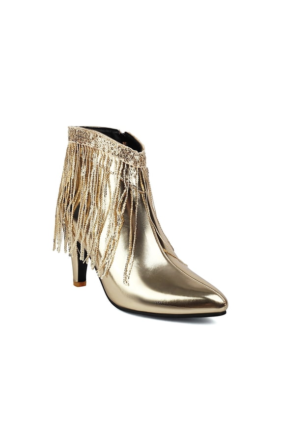 Women's Leather Block High Heels Western Pointed Booties Gold Silver Tassels Sequins Decorated Fashionable Boots with Side Zipper