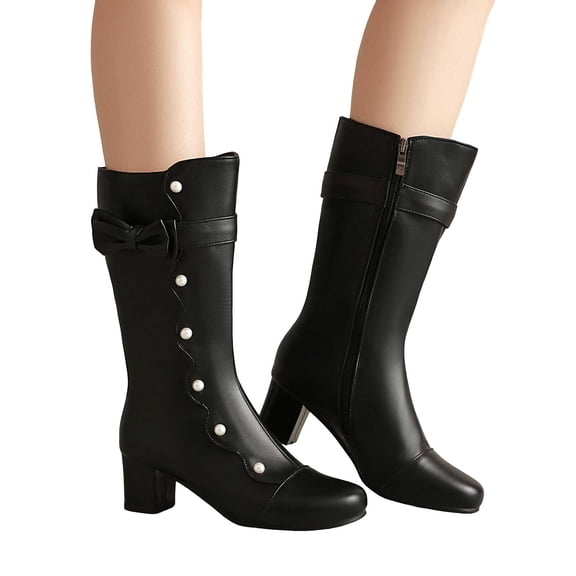 Women's Leather Block Low Heel Mid Calf Boots Cute Bowknot Fashion Studded Bead Wide Calf Riding Booties Black Size 6