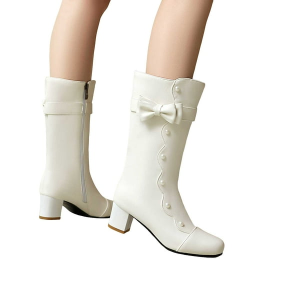 Women's Leather Block Low Heel Mid Calf Boots Cute Bowknot Fashion Studded Bead Wide Calf Riding Booties White Size 5.5