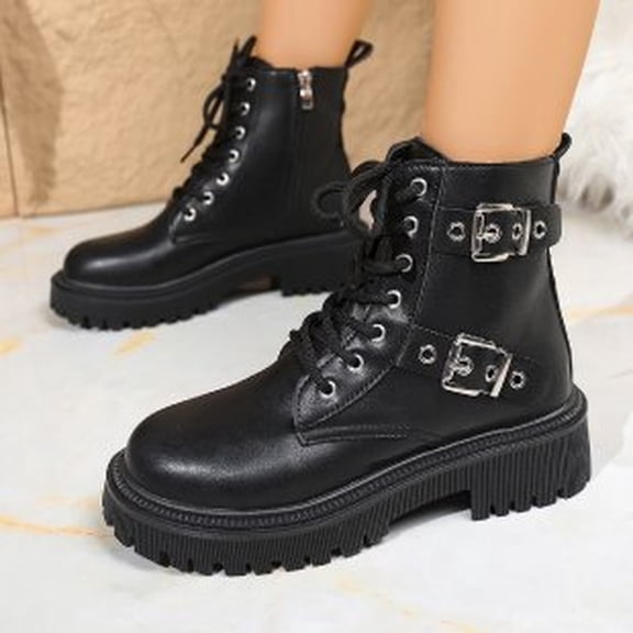 Women's Leather Boots with Side Zipper Fashion Buckle Straps Chunky Heel Goth Booties Non- Lug Sole Punk Biker Motorcycle Boots Black