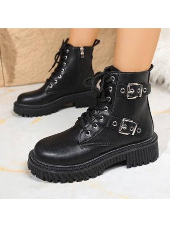 Women's Leather Boots with Side Zipper Fashion Buckle Straps Chunky Heel Goth Booties Non- Lug Sole Punk Biker Motorcycle Boots Black