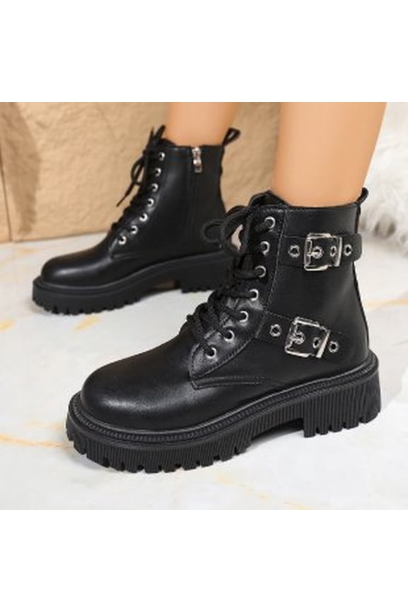 Women's Leather Boots with Side Zipper Fashion Buckle Straps Chunky Heel Goth Booties Non- Lug Sole Punk Biker Motorcycle Boots Black