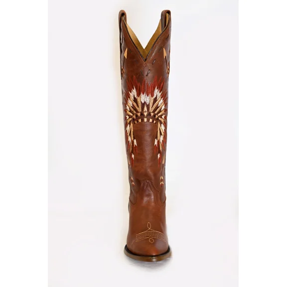 Women's Leather Brown Head Dress Snip Toe Mid-Calf Boots