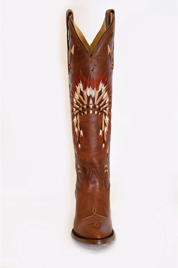 Women's Leather Brown Head Dress Snip Toe Mid-Calf Boots