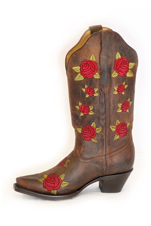 Women's Leather Brown Rose Mid-Calf Boots