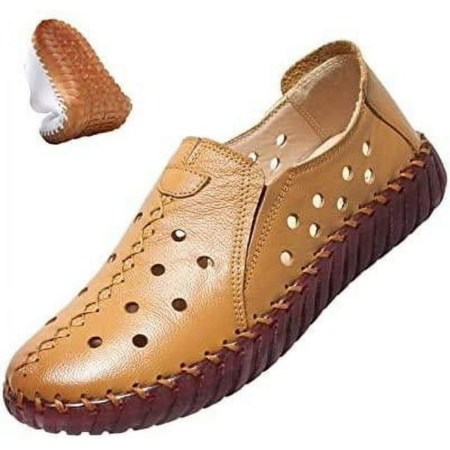 Women's Leather Casual Cutout Loafers Flat Slipon Shoes,Handmade