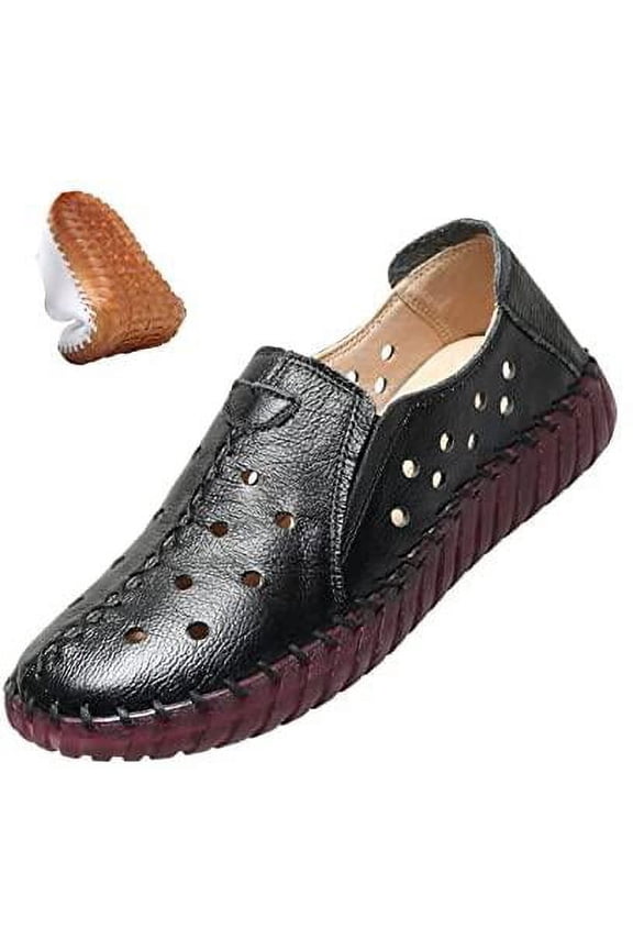 Women's Leather Casual Cutout Loafers Flat Slip-on Shoes,Handmade Stitch Comfort Breathable Oxford Softsole Walking