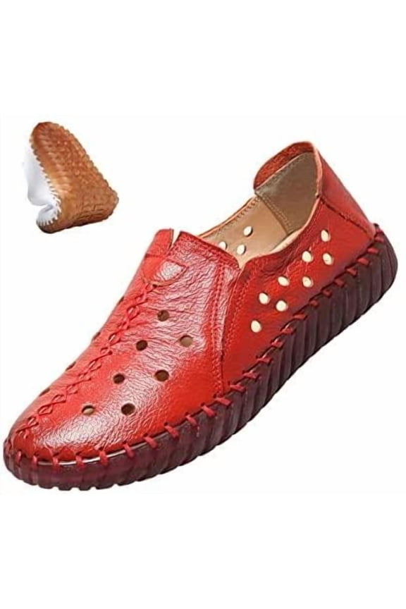 Women's Leather Casual Cutout Loafers Flat Slip-on Shoes,Handmade Stitch Comfort Breathable Oxford Softsole Walking