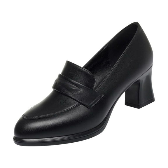 Women's Leather Chunky Heel Loafer Pumps Closed Round Toe Slip On Mid Heel Penny Loafers Office Business Work Dress Shoes Black Women Sandal
