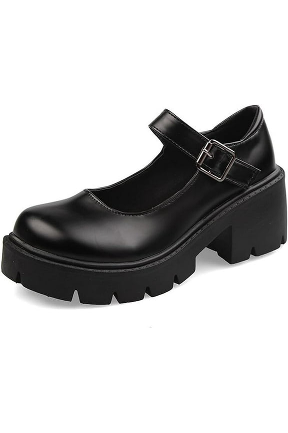 Women's Leather Chunky Platform Mary Jane Shoes Classic Round Toe Ankle Strap Chunky Heel Lug Sole Work Dress Pumps