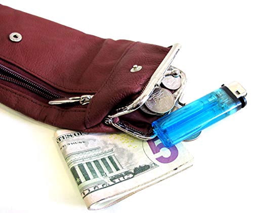 Women's - Leather Cigarette Case Coin Purse Double Twist Clasp Closure Zipper Pocket- Burgundy