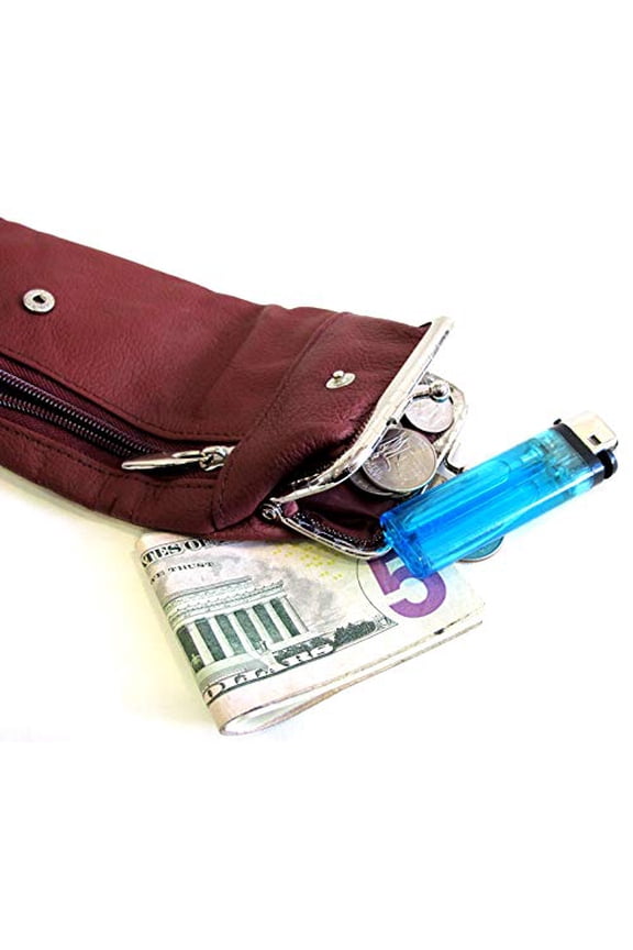 Women's - Leather Cigarette Case Coin Purse Double Twist Clasp Closure Zipper Pocket- Burgundy