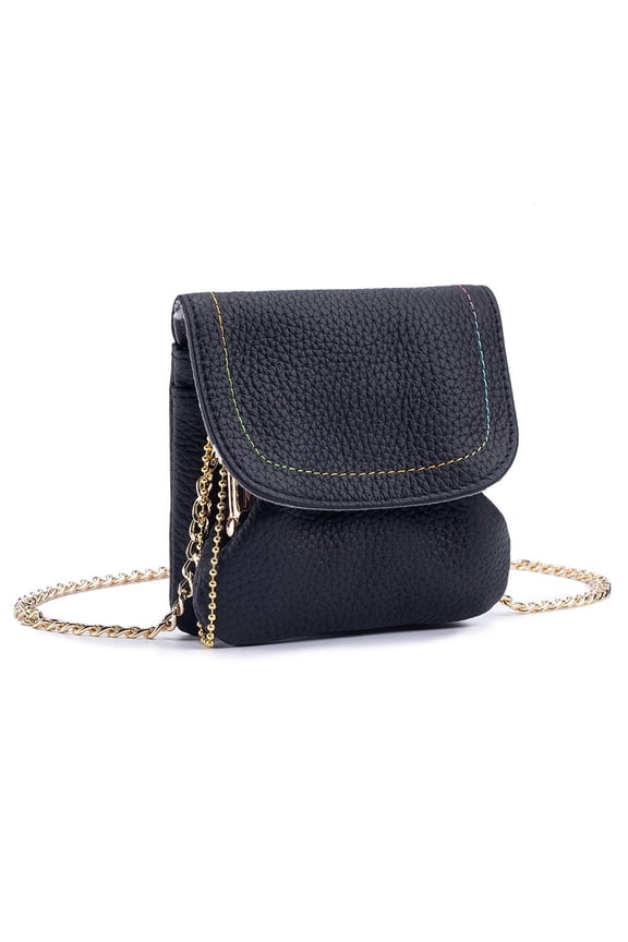 Women's Leather Coin Pouch with Metal Chain Strap,Smart Sling Pouch Change Wallet with 3 Pockets for Ladies Mom Sister Girlfriend Besties,Ideal for Coins,Cards,Keys,Flash Drive(Black)