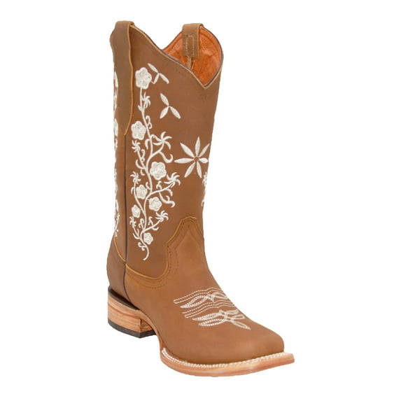 Women’s Leather Cowboy Boots Square Toe Floral Embroidered Retro Vintage Western Boots