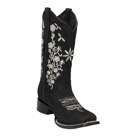 Women’s Leather Cowboy Boots Square Toe Floral Embroidered Retro Vintage Western Boots