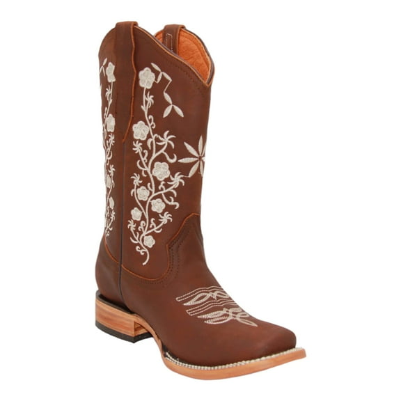 Women’s Leather Cowboy Boots Square Toe Floral Embroidered Retro Vintage Western Boots