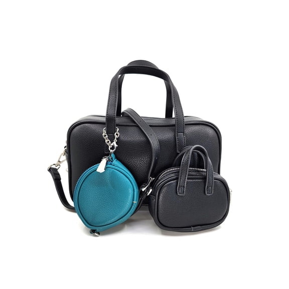 Women's Leather Double Handle Satchel Crossbody Bag with Two Mini Pouch