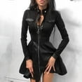 thumbnail image 1 of Women's Leather Dress Long Sleeve Mesh Lace Patchwork Zipper Design Fitted Sexy Midi Dress for Spring Fall Night Out,Black,L, 1 of 7