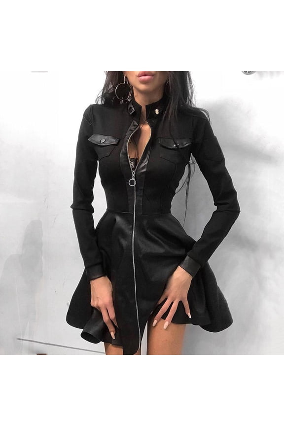 Women's Leather Dress Long Sleeve Mesh Lace Patchwork Zipper Design Fitted Sexy Midi Dress for Spring Fall Night Out,Black,XL