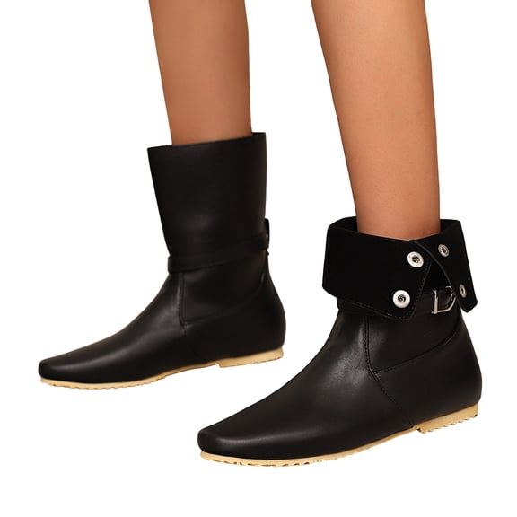 Women's Leather Flat Mid Calf Boots Fashion Snap Slip On Fold Over Booties Casual Non Slip Motocycle Boots Black Size 5