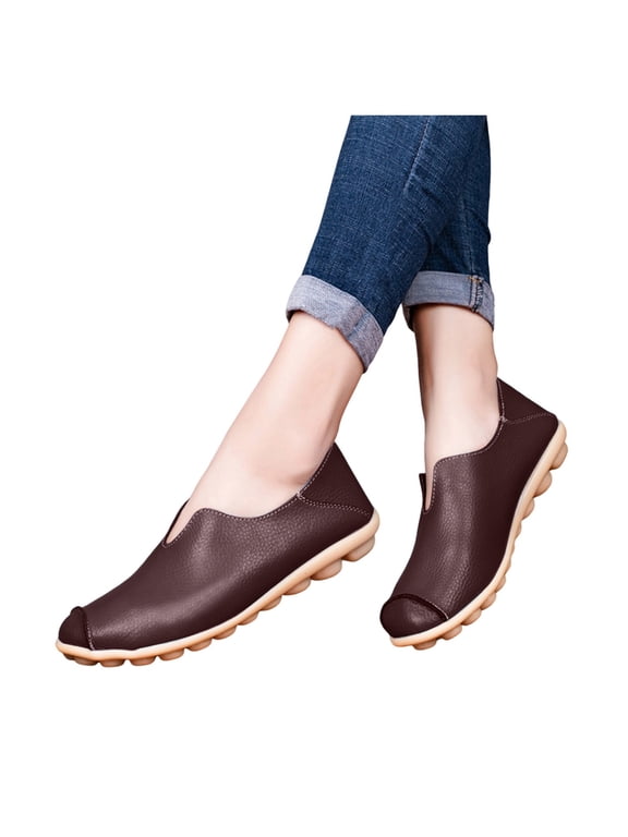 Women's Leather Flat Shoes Slip on Driving Loafers Casual Walking Shoes Arch Support Comfortable Orthopedic Shoes Coffee Size 9