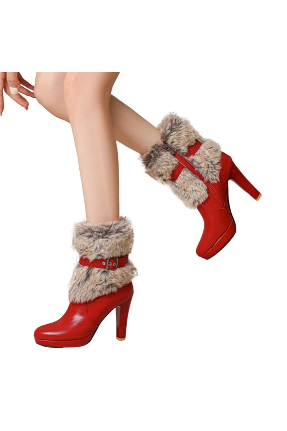 Women's Leather Fluffy Platform Boots Stiletto High Heel Mid Calf Booties Fashion Pointed Toe Buckle Strap Punk Gothic Boots Red Size 7