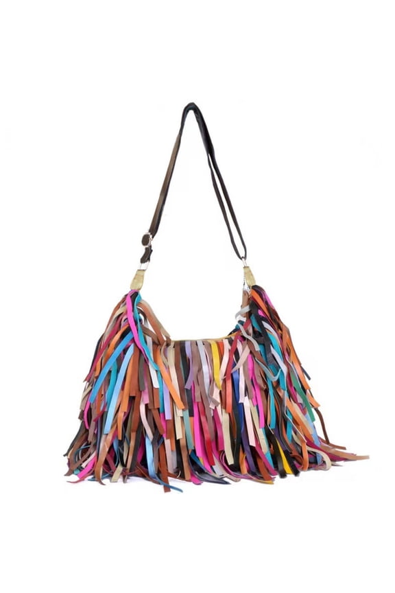 Women's Leather Fringed Retro Shoulder Bag, Colorful