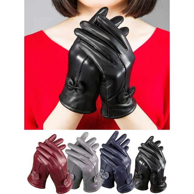 Women's Leather Gloves Winter Warm Genuine Lambskin Windproof PU Glove