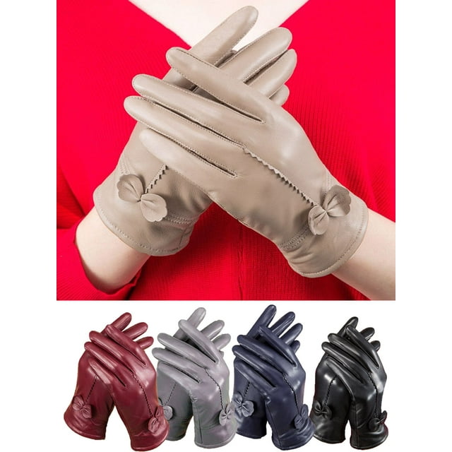 Women's Leather Gloves Winter Warm Genuine Lambskin Windproof PU Glove