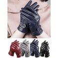 thumbnail image 1 of Women's Leather Gloves Winter Warm Genuine Lambskin Windproof PU Glove "Navy Blue", 1 of 5