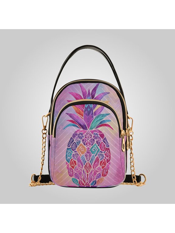 Women's Leather Handbag Crossbody Bag, Leather Purse with Detachable Chain & Multi Zipper Pockets Bohemian Pineapple Design