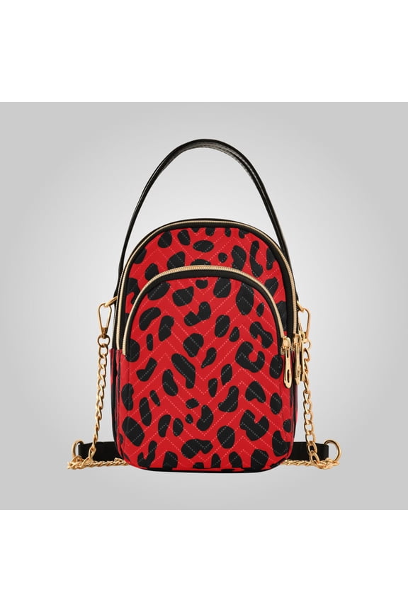 Women's Leather Handbag Crossbody Bag, Leather Purse with Detachable Chain & Multi Zipper Pockets Classic Red Black Cheetah Pattern