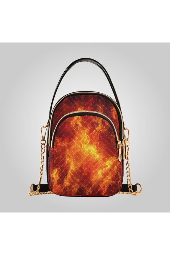 Women's Leather Handbag Crossbody Bag, Leather Purse with Detachable Chain & Multi Zipper Pockets Dynamic Fire Flame Pattern