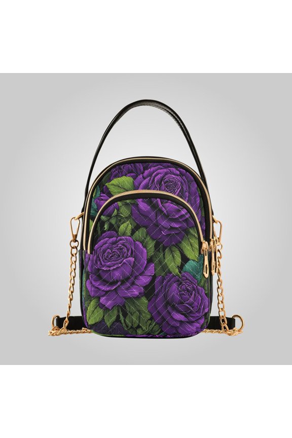 Women's Leather Handbag Crossbody Bag, Leather Purse with Detachable Chain & Multi Zipper Pockets Gothic Dark Purple Rose Print