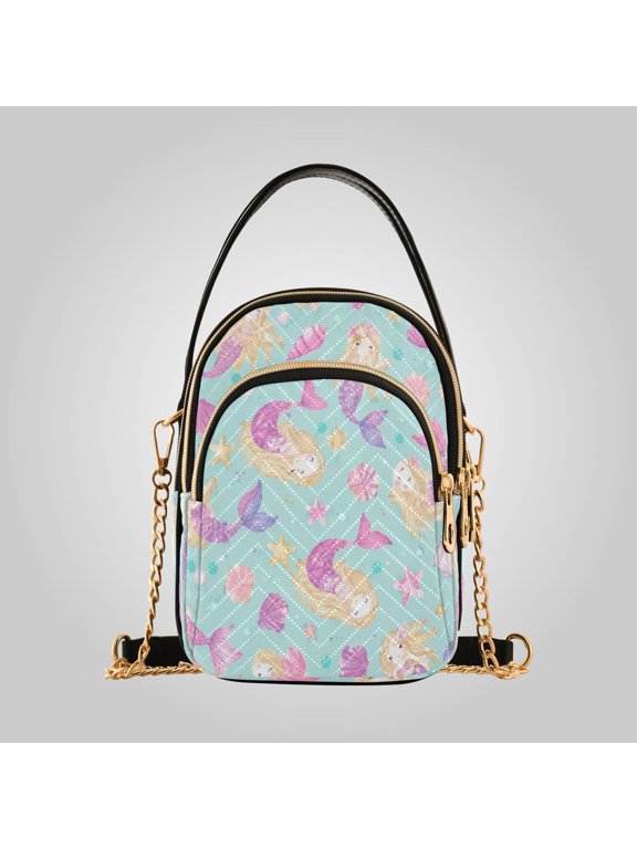 Women's Leather Handbag Crossbody Bag, Leather Purse with Detachable Chain & Multi Zipper Pockets Mermaid Sea Shell Pattern