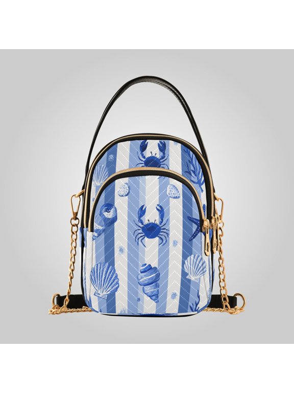 Women's Leather Handbag Crossbody Bag, Leather Purse with Detachable Chain & Multi Zipper Pockets Nautical Blue Crab and Starfish