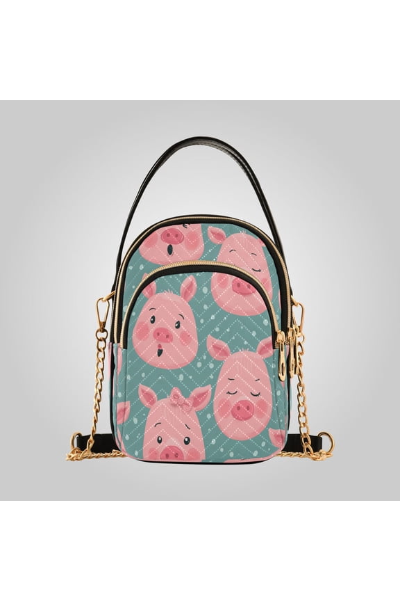 Women's Leather Handbag Crossbody Bag, Leather Purse with Detachable Chain & Multi Zipper Pockets Piggy Moods Pattern