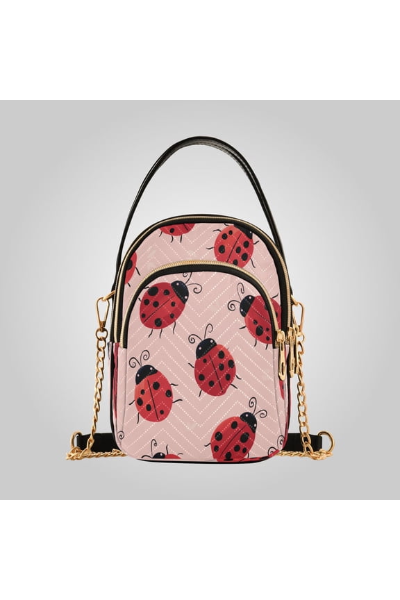 Women's Leather Handbag Crossbody Bag, Leather Purse with Detachable Chain & Multi Zipper Pockets Pink Ladybug Print