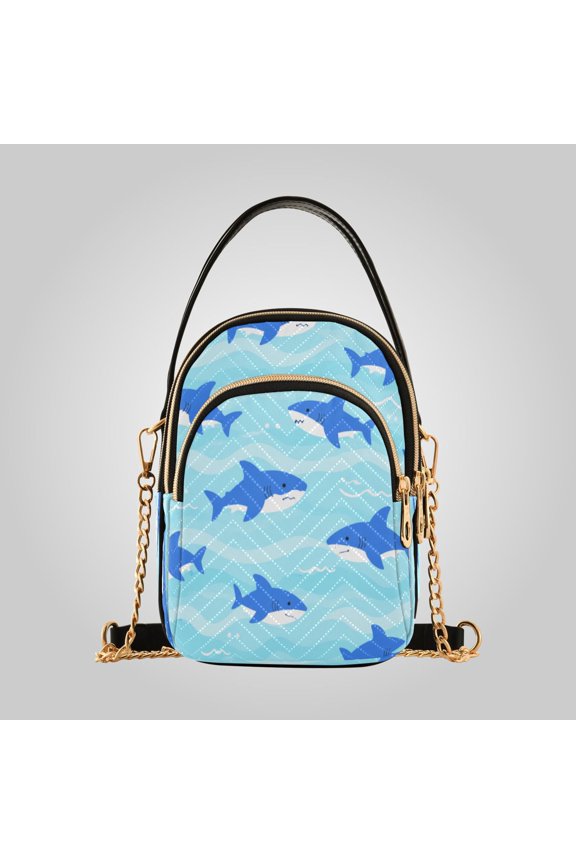 Women's Leather Handbag Crossbody Bag, Leather Purse with Detachable Chain & Multi Zipper Pockets Playful Ocean Shark Pattern