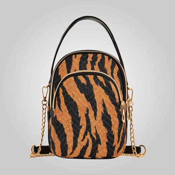 Women's Leather Handbag Crossbody Bag, Leather Purse with Detachable Chain & Multi Zipper Pockets Plush Tiger Stripe Pattern