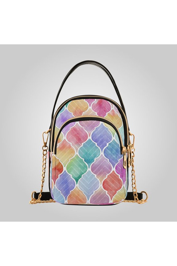Women's Leather Handbag Crossbody Bag, Leather Purse with Detachable Chain & Multi Zipper Pockets Rainbow Lantern Watercolor