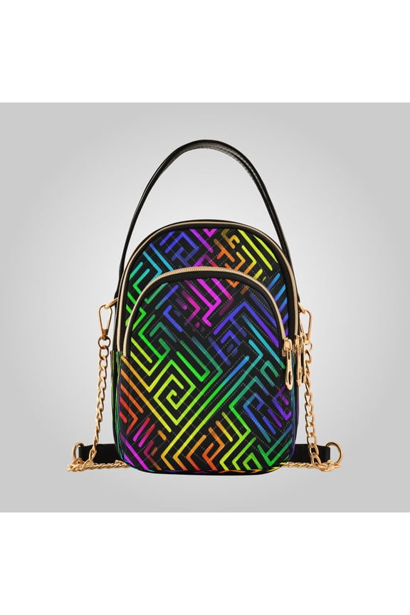 Women's Leather Handbag Crossbody Bag, Leather Purse with Detachable Chain & Multi Zipper Pockets Rainbow Neon Labyrinth Print
