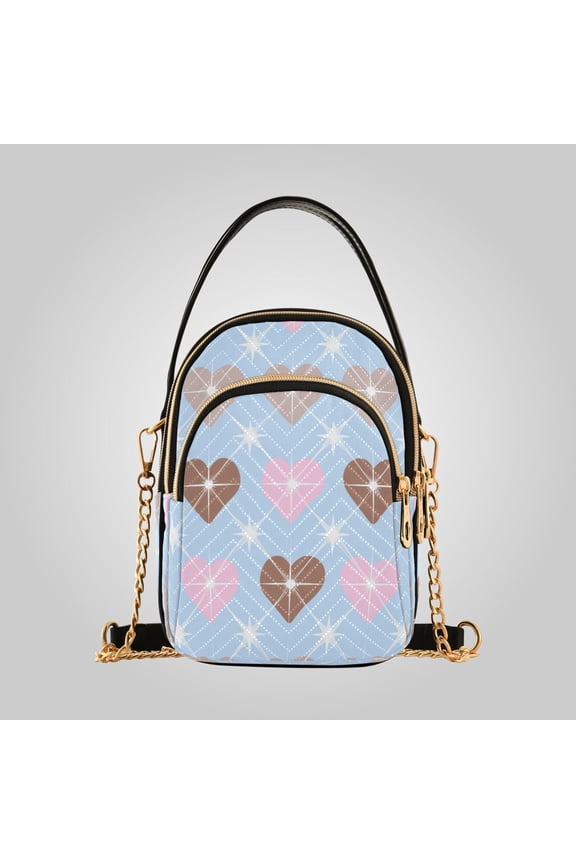 Women's Leather Handbag Crossbody Bag, Leather Purse with Detachable Chain & Multi Zipper Pockets Retro Star Grid Heart Pattern