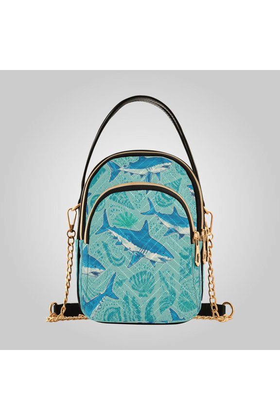 Women's Leather Handbag Crossbody Bag, Leather Purse with Detachable Chain & Multi Zipper Pockets Sea Shark Ocean Pattern