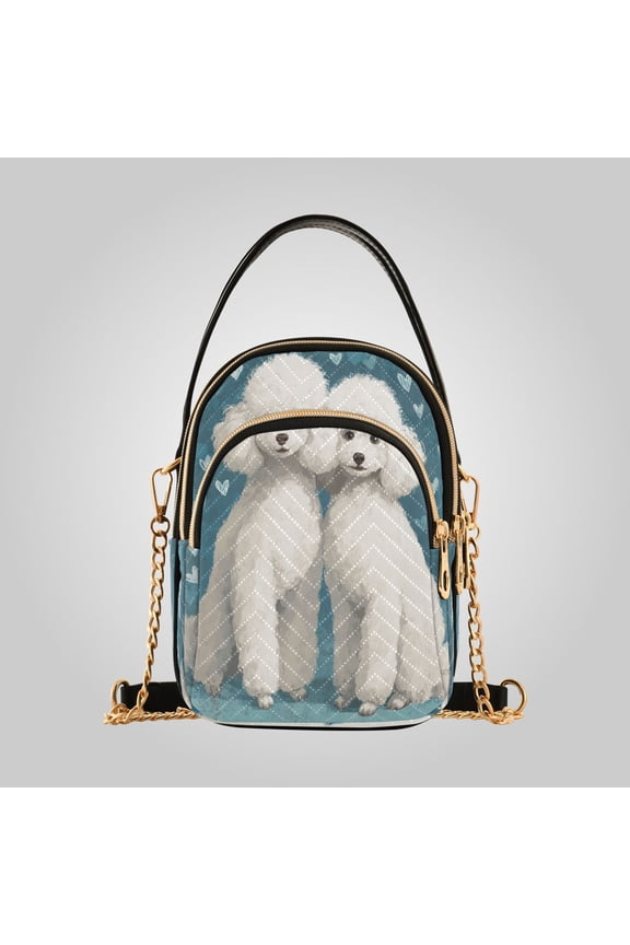 Women's Leather Handbag Crossbody Bag, Leather Purse with Detachable Chain & Multi Zipper Pockets Sweet White Poodle Duo